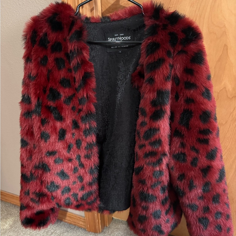 SpiritHoods Vibrant Red and Black Faux Fur Bomber Jacket
